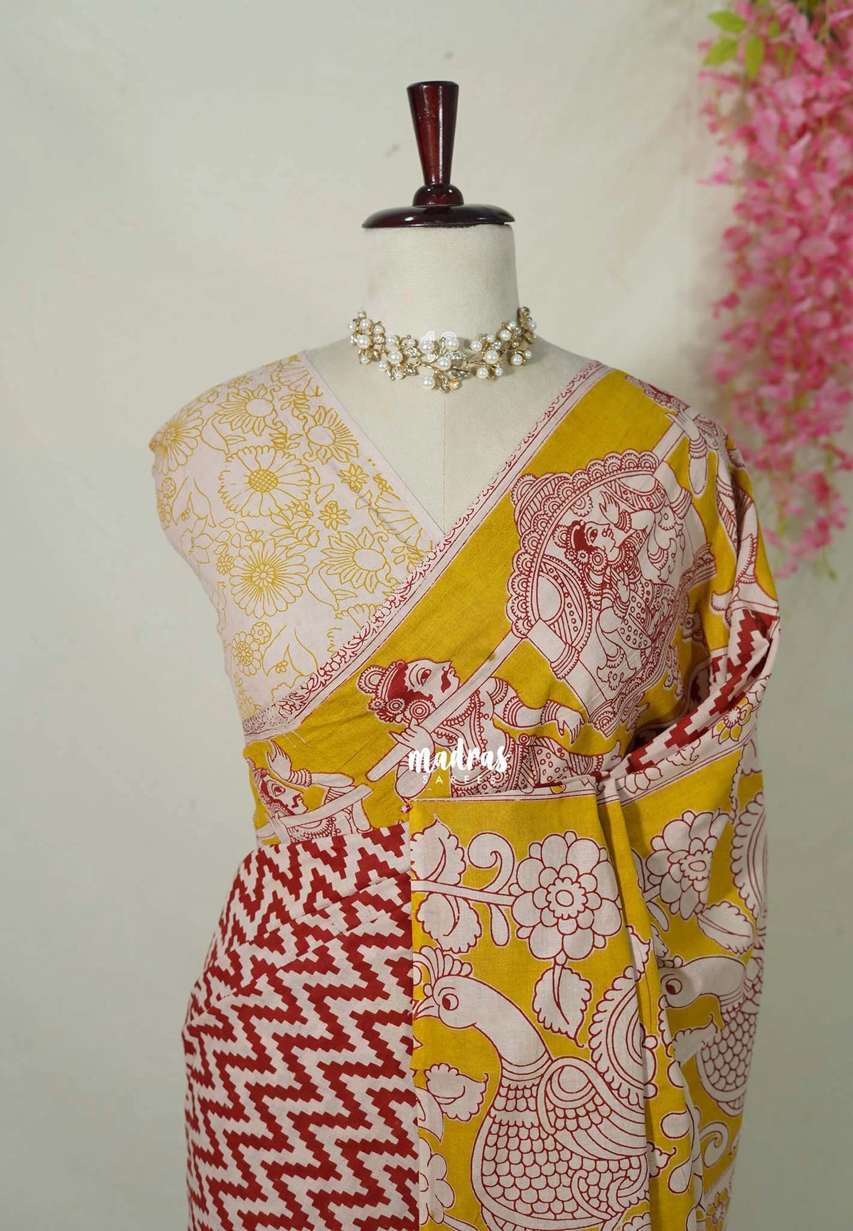 Ivory with Red - Traditional Kalamkari Cotton Saree with Ambari Border- Best for Office Wear | Casual Wear