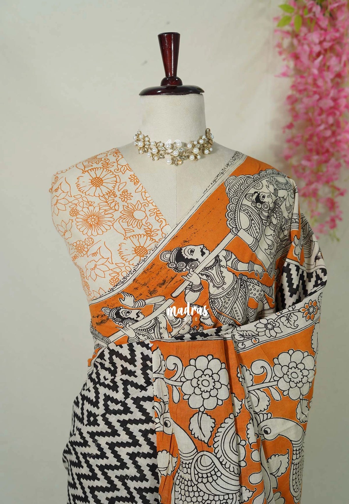 Ivory with Black - Traditional Kalamkari Cotton Saree with Ambari Border- Best for Office Wear | Casual Wear