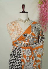 Ivory with Black - Traditional Kalamkari Cotton Saree with Ambari Border- Best for Office Wear | Casual Wear