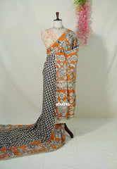 Ivory with Black - Traditional Kalamkari Cotton Saree with Ambari Border- Best for Office Wear | Casual Wear