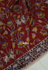 Dark Red - Traditional Kalamkari Cotton Saree with Pichwai Prints - Best for Office Wear | Casual Wear