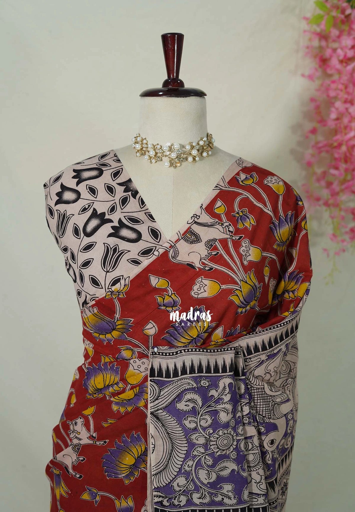 Dark Red - Traditional Kalamkari Cotton Saree with Pichwai Prints - Best for Office Wear | Casual Wear
