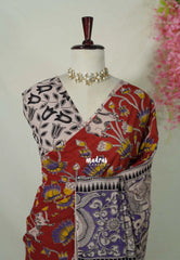 Dark Red - Traditional Kalamkari Cotton Saree with Pichwai Prints - Best for Office Wear | Casual Wear