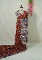 Dark Red - Traditional Kalamkari Cotton Saree with Pichwai Prints - Best for Office Wear | Casual Wear