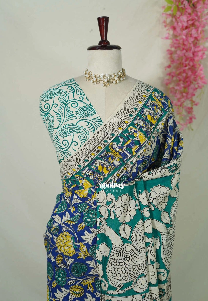 Royal Blue - Traditional Kalamkari Cotton Saree with Peacock Print Border - Best for Office Wear | Casual Wear