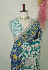 Royal Blue - Traditional Kalamkari Cotton Saree with Peacock Print Border - Best for Office Wear | Casual Wear