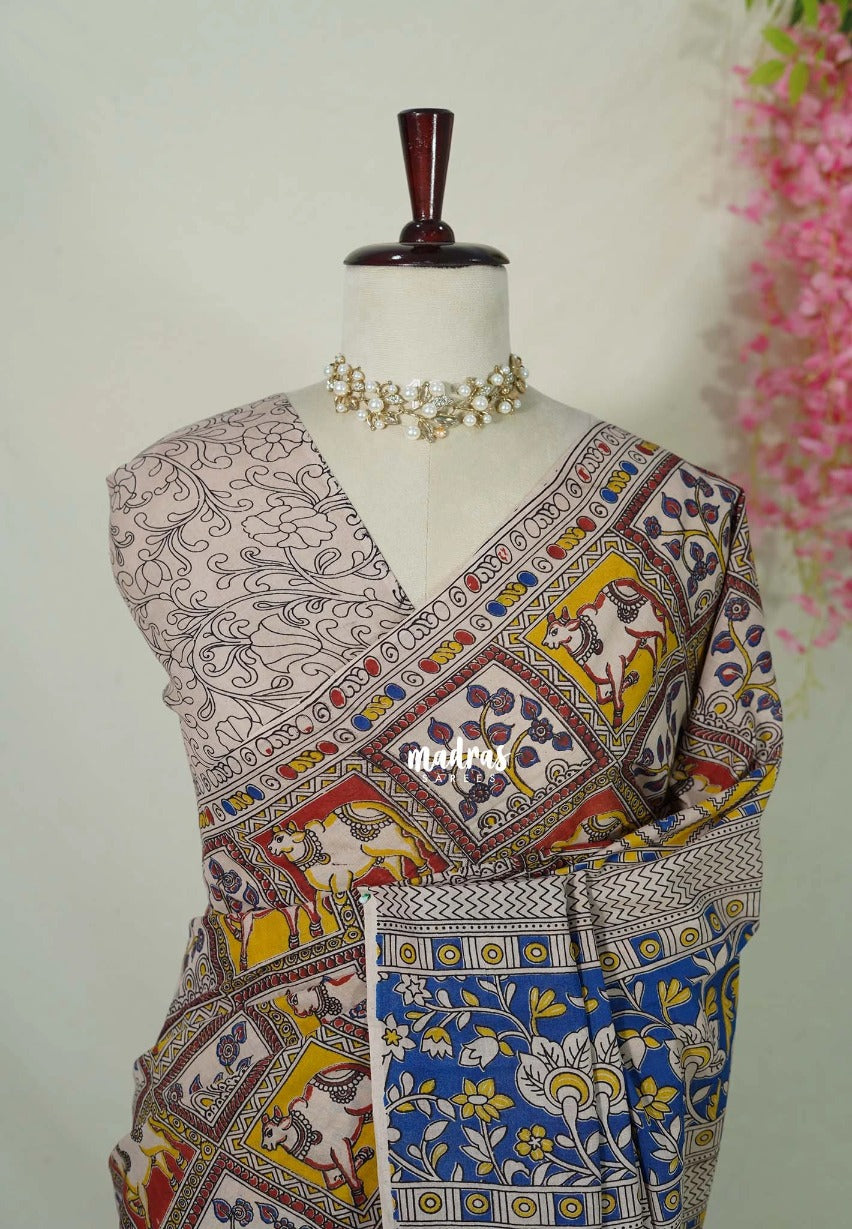 Multicolor - Traditional Kalamkari Cotton Saree with Pichwai Cow Prints - Best for Office Wear | Casual Wear