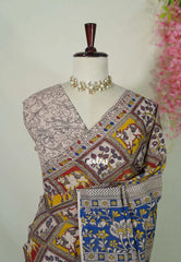 Multicolor - Traditional Kalamkari Cotton Saree with Pichwai Cow Prints - Best for Office Wear | Casual Wear