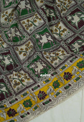 Ivory Cream with Green - Traditional Kalamkari Cotton Saree with Pichwai Cow Prints - Best for Office Wear | Casual Wear