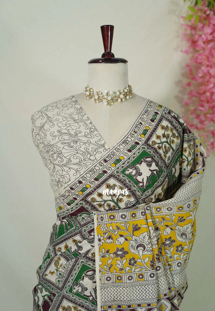Ivory Cream with Green - Traditional Kalamkari Cotton Saree with Pichwai Cow Prints - Best for Office Wear | Casual Wear