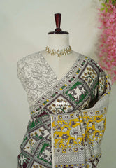 Ivory Cream with Green - Traditional Kalamkari Cotton Saree with Pichwai Cow Prints - Best for Office Wear | Casual Wear