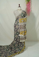 Ivory Cream with Green - Traditional Kalamkari Cotton Saree with Pichwai Cow Prints - Best for Office Wear | Casual Wear