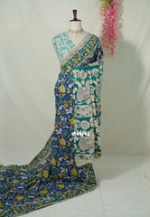 Royal Blue - Traditional Kalamkari Cotton Saree with Peacock Print Border - Best for Office Wear | Casual Wear