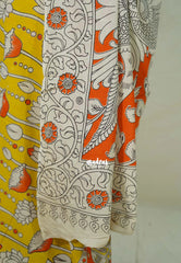 Lemon Yellow - Traditional Kalamkari Cotton Saree with Royal Motif Border- Best for Office Wear | Casual Wear