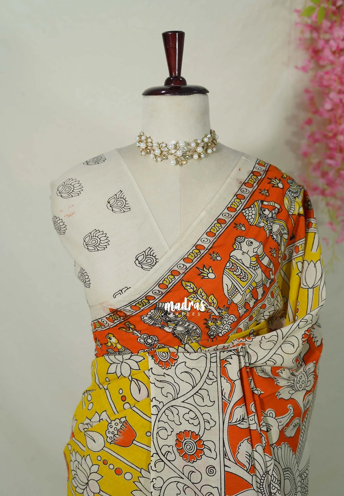 Lemon Yellow - Traditional Kalamkari Cotton Saree with Royal Motif Border- Best for Office Wear | Casual Wear