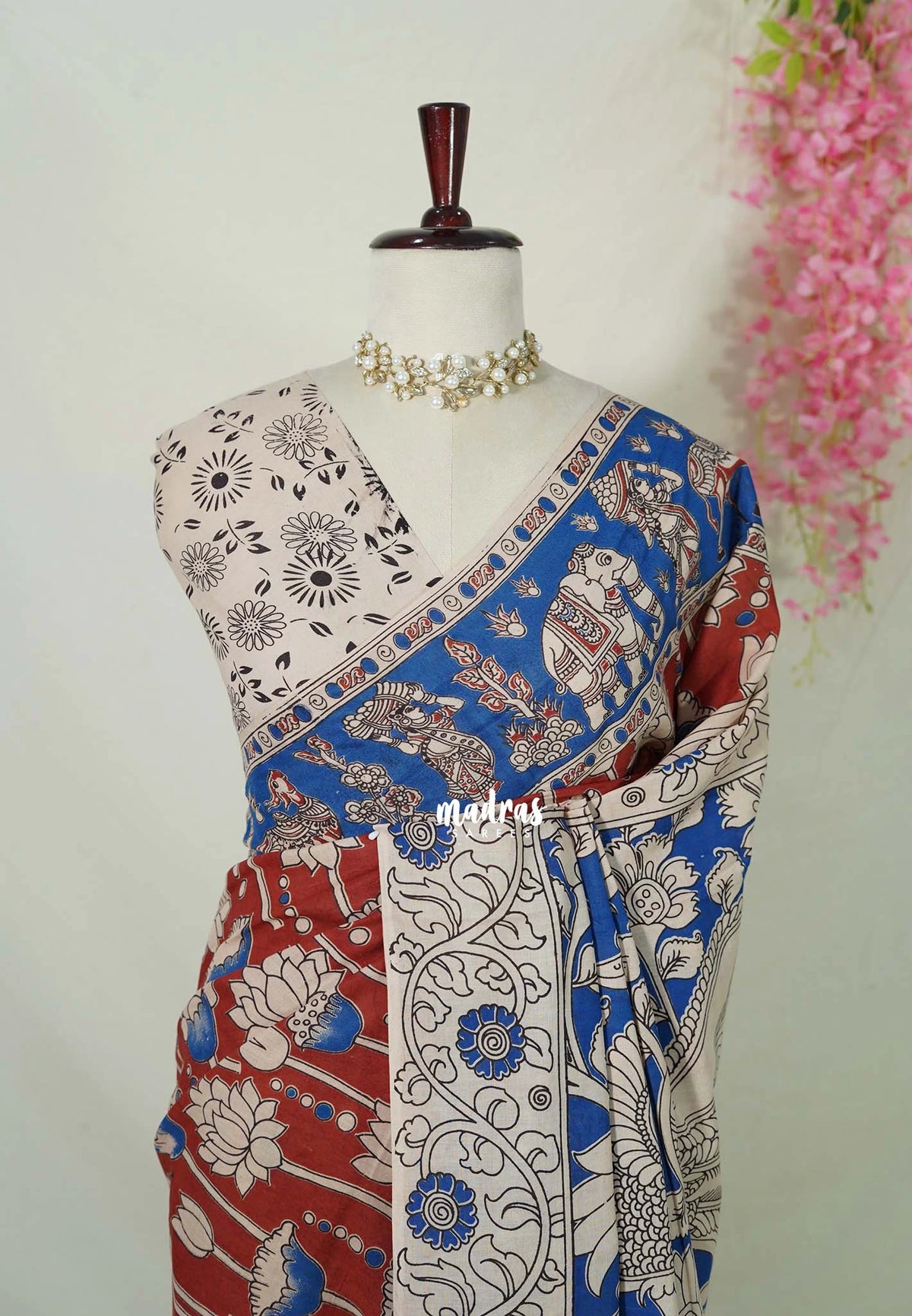 Brick Red - Traditional Kalamkari Cotton Saree with Royal Motif Border- Best for Office Wear | Casual Wear