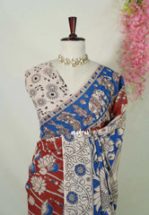 Brick Red - Traditional Kalamkari Cotton Saree with Royal Motif Border- Best for Office Wear | Casual Wear