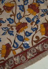 Muted Beige - Traditional Kalamkari Cotton Saree with Peacock Print Border - Best for Office Wear | Casual Wear