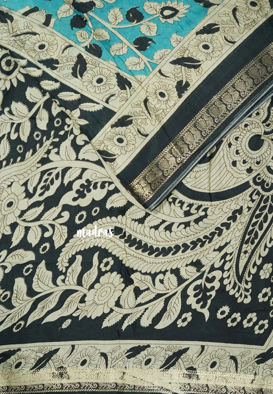 Aqua blue - Kalanjali chanderi Printed silk with kalamkari floral prints