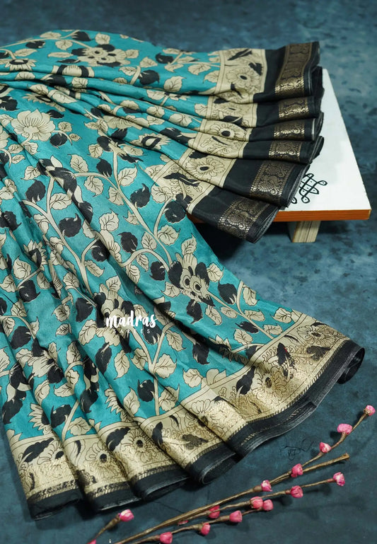 Aqua blue - Kalanjali chanderi Printed silk with kalamkari floral prints