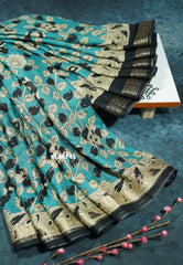 Aqua blue - Kalanjali chanderi Printed silk with kalamkari floral prints