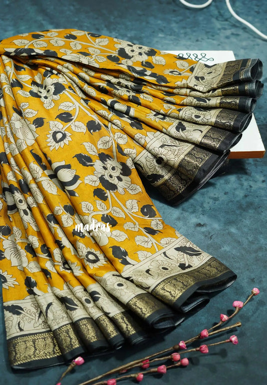 Mustard Yellow - Kalanjali chanderi Printed silk with kalamkari floral prints