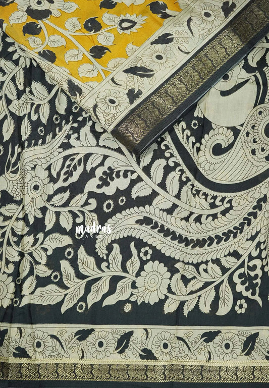 Mustard Yellow - Kalanjali chanderi Printed silk with kalamkari floral prints