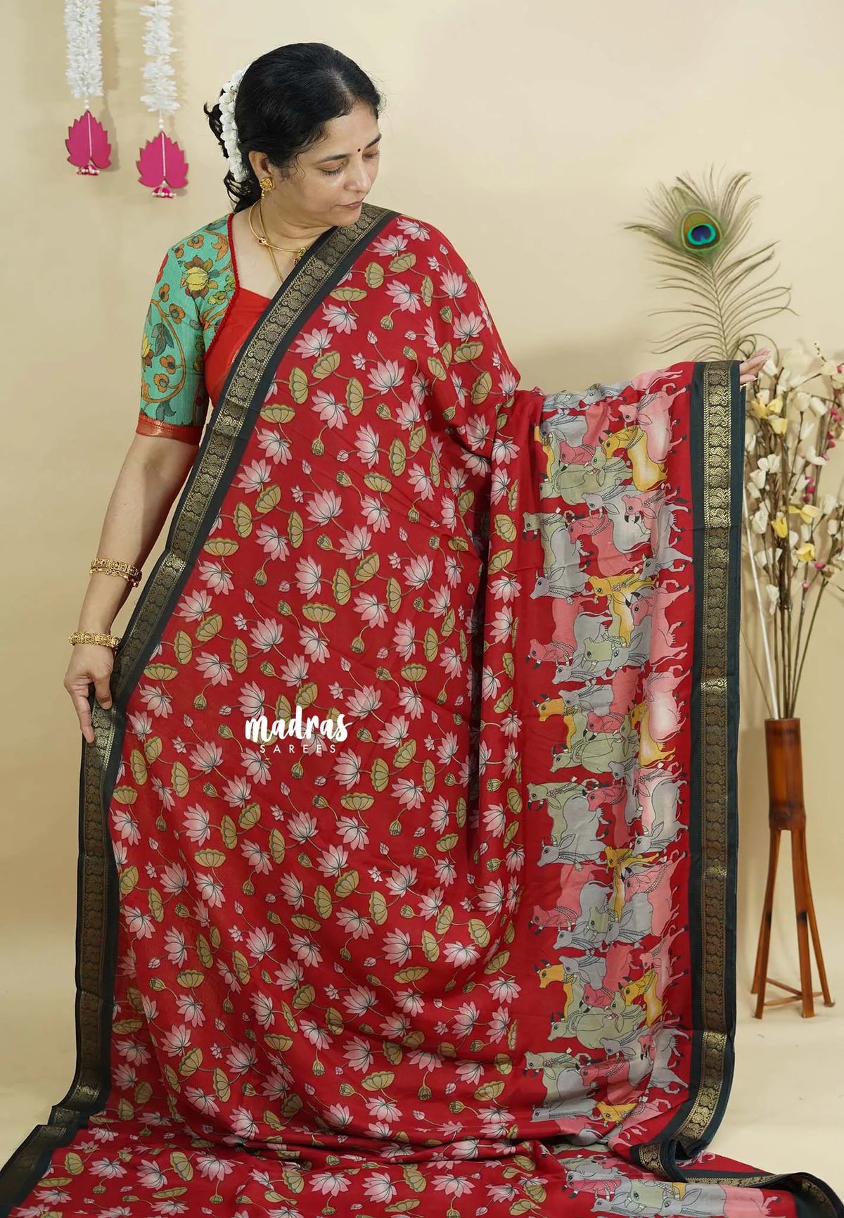 Red - Kalanjali chanderi silk with Pichwai Cow and Divine Lotus Saree