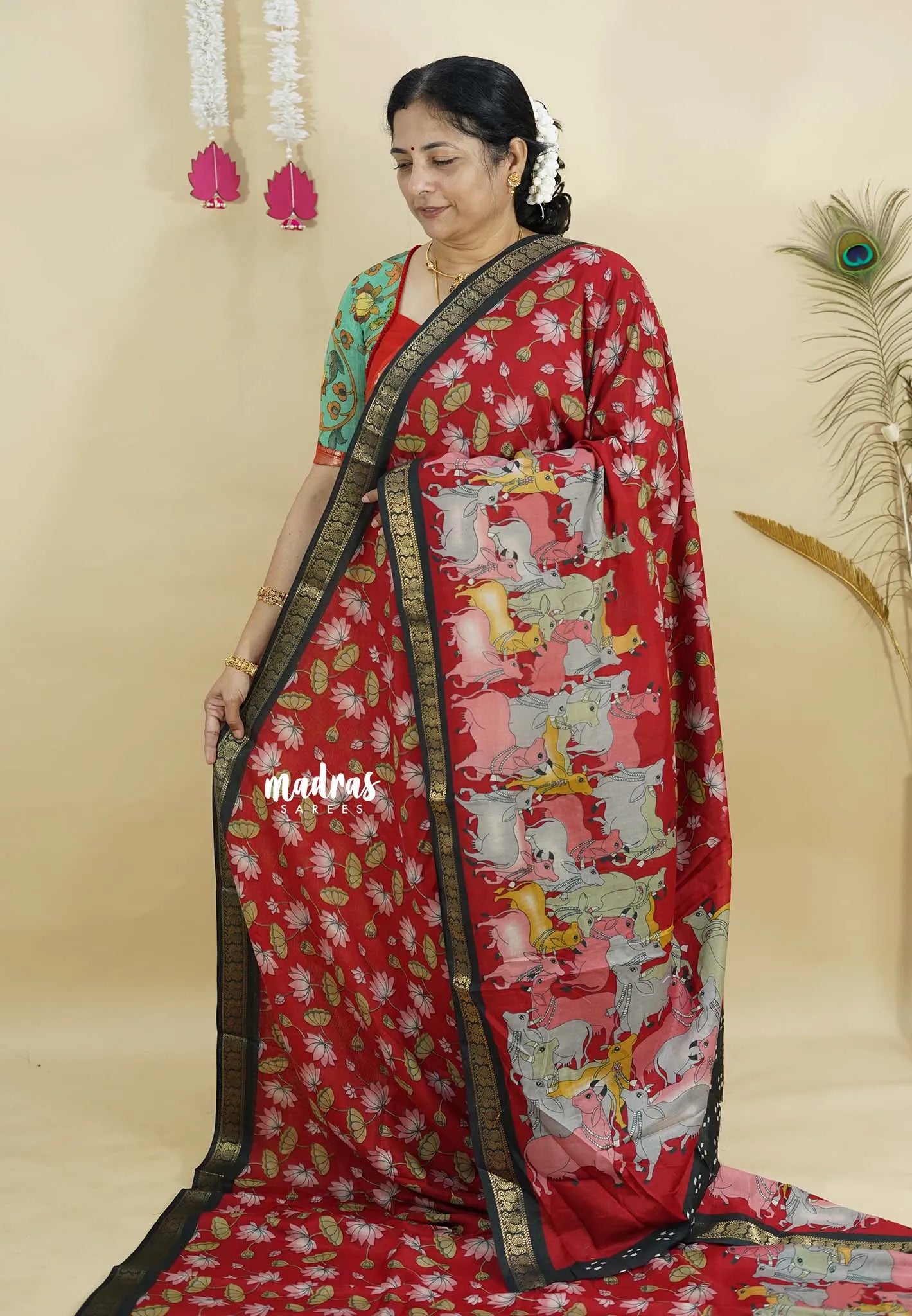 Red - Kalanjali chanderi silk with Pichwai Cow and Divine Lotus Saree