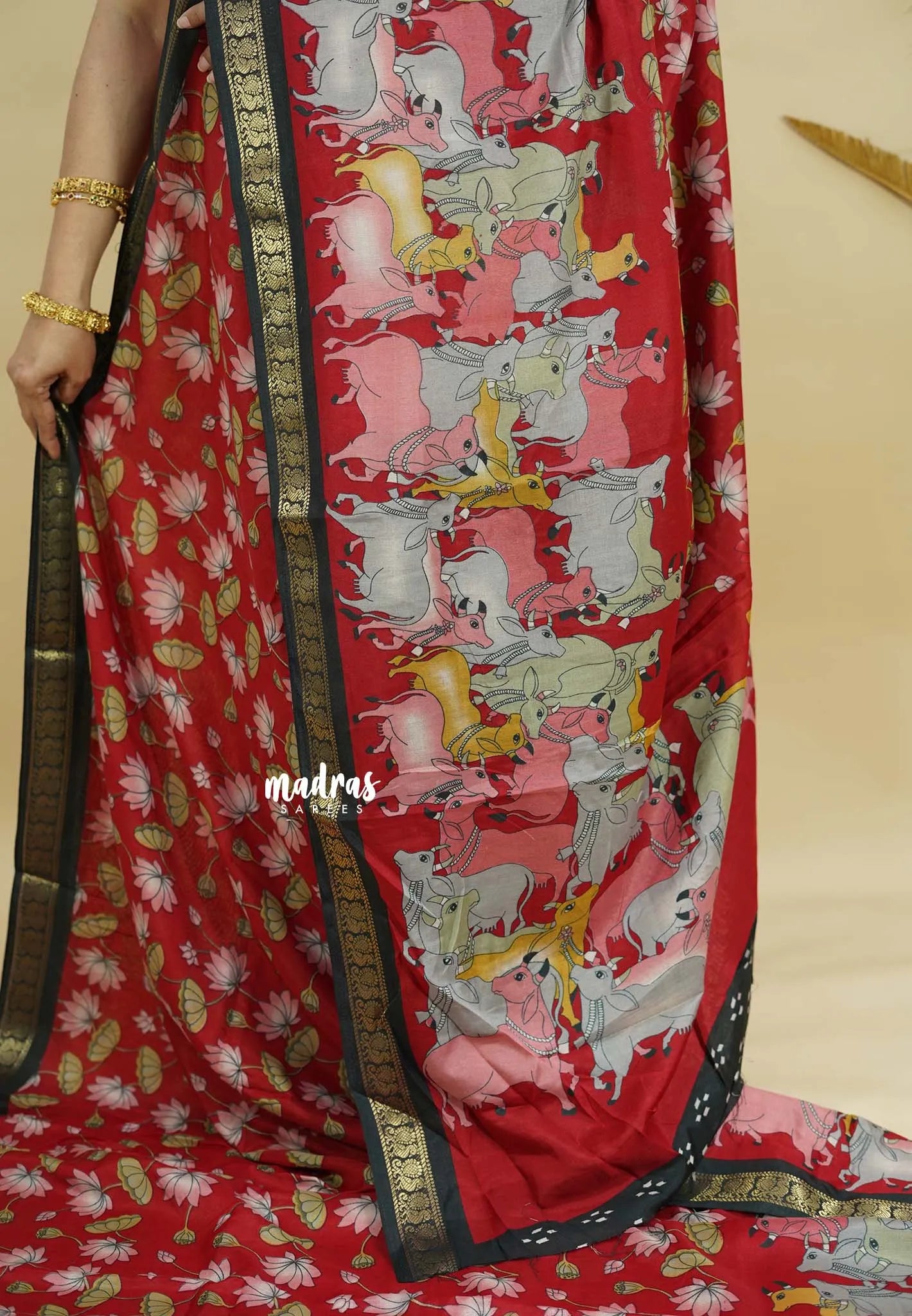 Red - Kalanjali chanderi silk with Pichwai Cow and Divine Lotus Saree