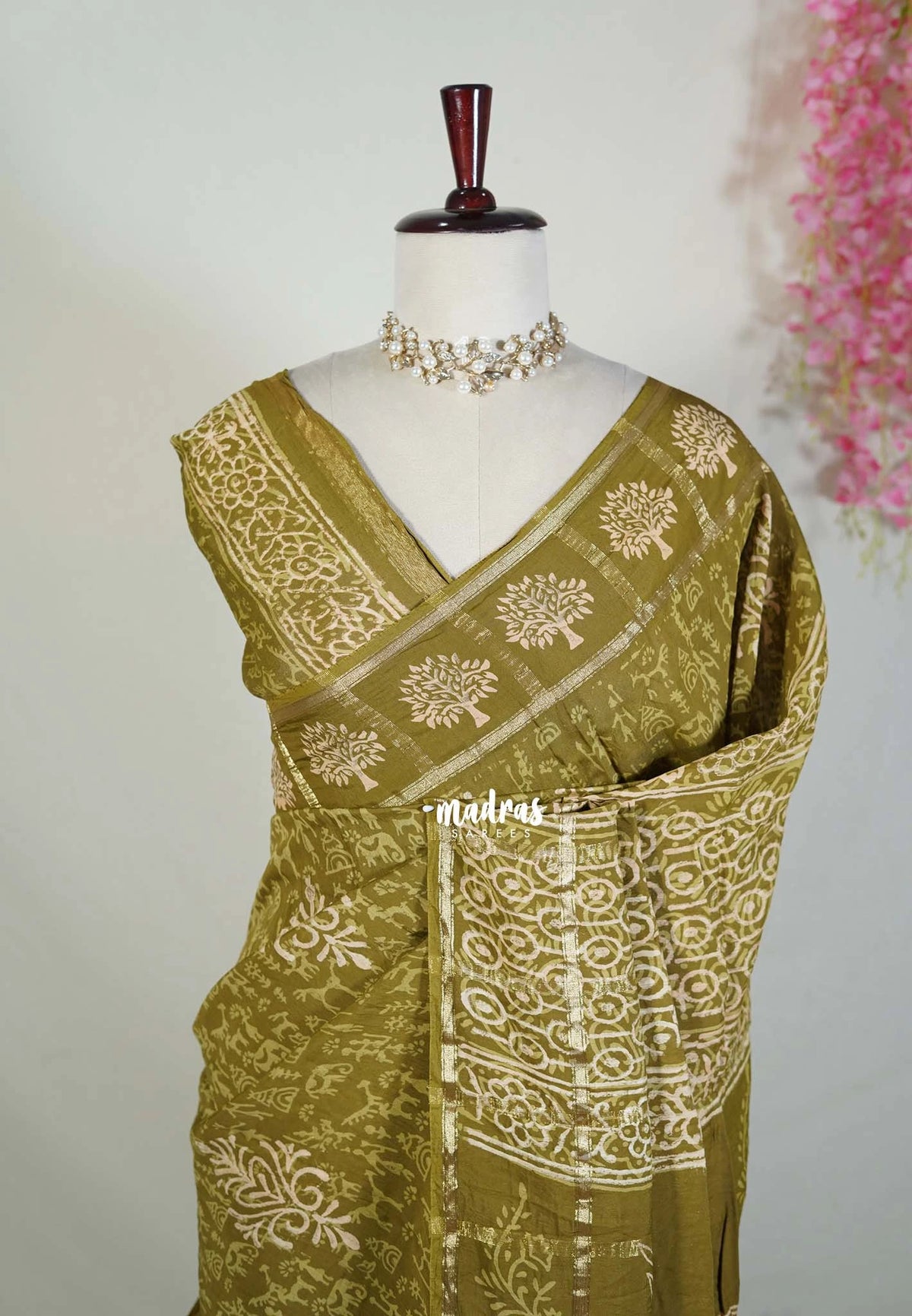 Olive Green - Kalanjali Chanderi Silk with Zari Weaving and Handblock Prints - Perfect for Regular Wear | Casual Wear | Summer Wear