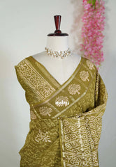 Olive Green - Kalanjali Chanderi Silk with Zari Weaving and Handblock Prints - Perfect for Regular Wear | Casual Wear | Summer Wear