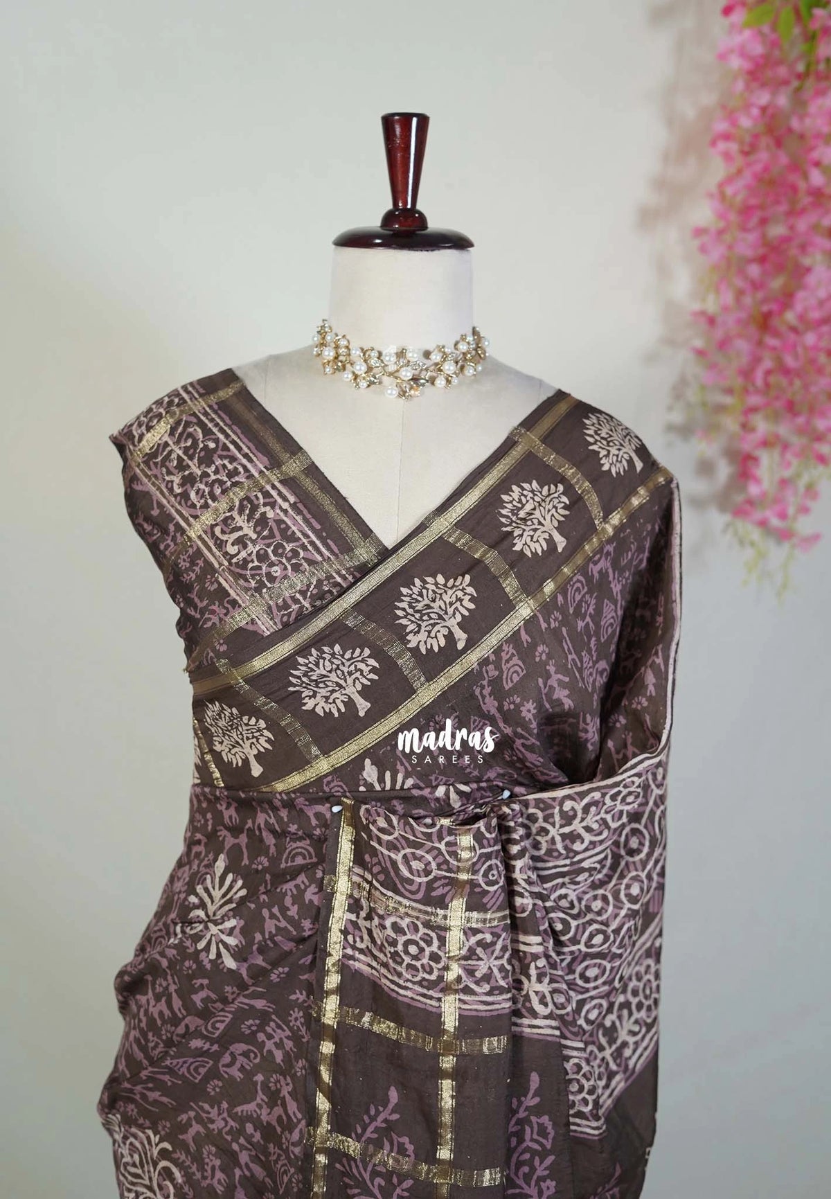 Muted Chocolate Brown - Kalanjali Chanderi Silk with Zari Weaving and Handblock Prints - Perfect for Regular Wear | Casual Wear | Summer Wear