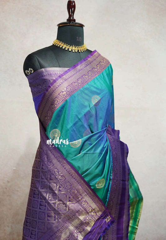 Royal Multitone Peacock Charm - Thendral - Kanchi semi silk floral weaving
