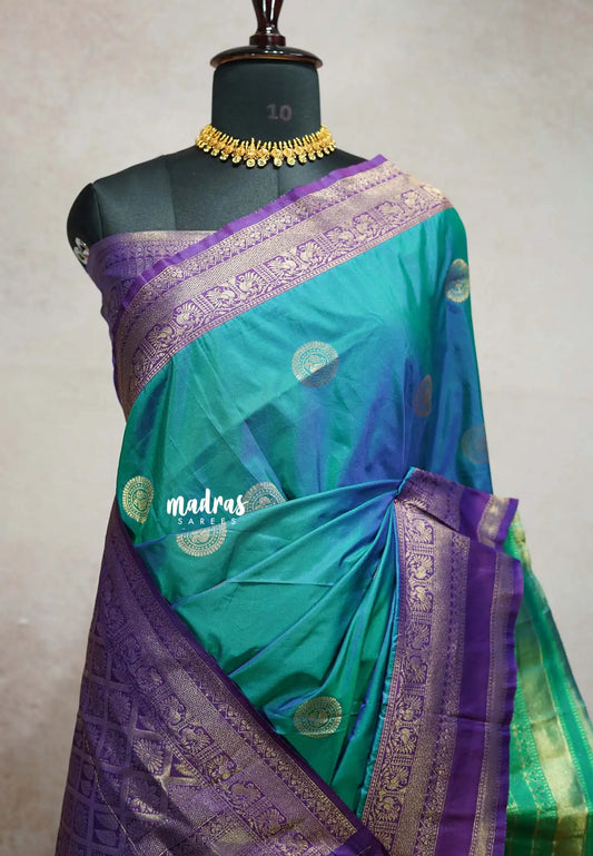 Royal Multitone Peacock Charm - Thendral - Kanchi semi silk floral weaving