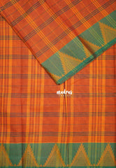Mustard Orange - Classic Kanchi chettinad Cotton Kandangi Checks with Temple Border without Blouse - Best for Temple Visit
