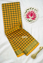 Yellow with Green - Classic Kanchi Cotton Kandangi Checks Mayil Zari Border without Blouse - Best for Temple Visit