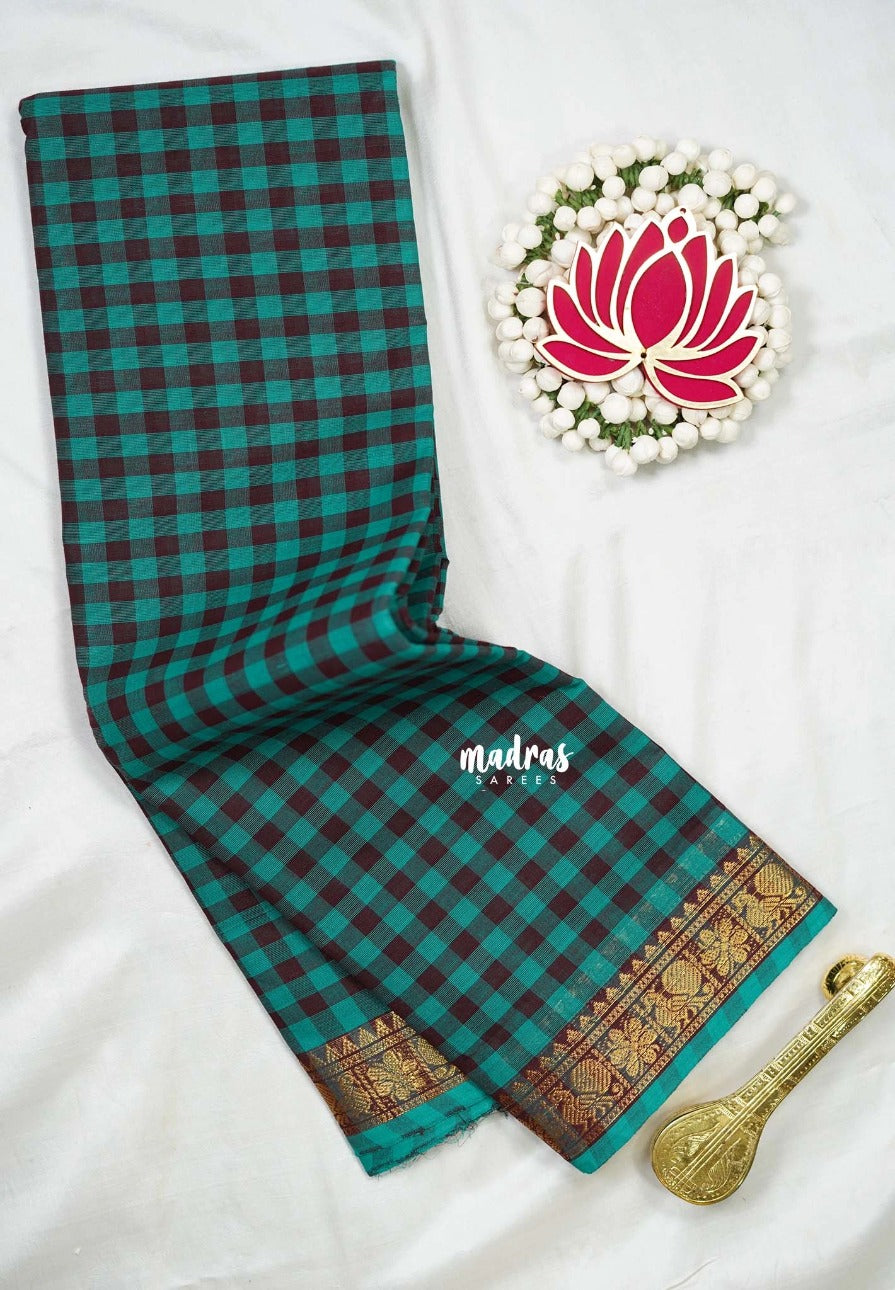 Teal with Brown - Classic Kanchi Cotton Kandangi Checks Mayil Zari Border without Blouse - Best for Temple Visit