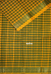 Yellow with Green - Classic Kanchi Cotton Kandangi Checks Mayil Zari Border without Blouse - Best for Temple Visit