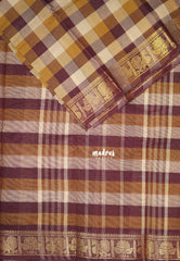 Brown, Sandbrown and Beige - Classic Kanchi Cotton Paalum Pazhamum Madras checks with Mayil Border without Blouse - Best for Temple Visit