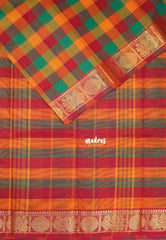 Yellowish Orange, Green and Red - Classic Kanchi Cotton Paalum Pazhamum Madras checks with Mayil Border without Blouse - Best for Temple Visit