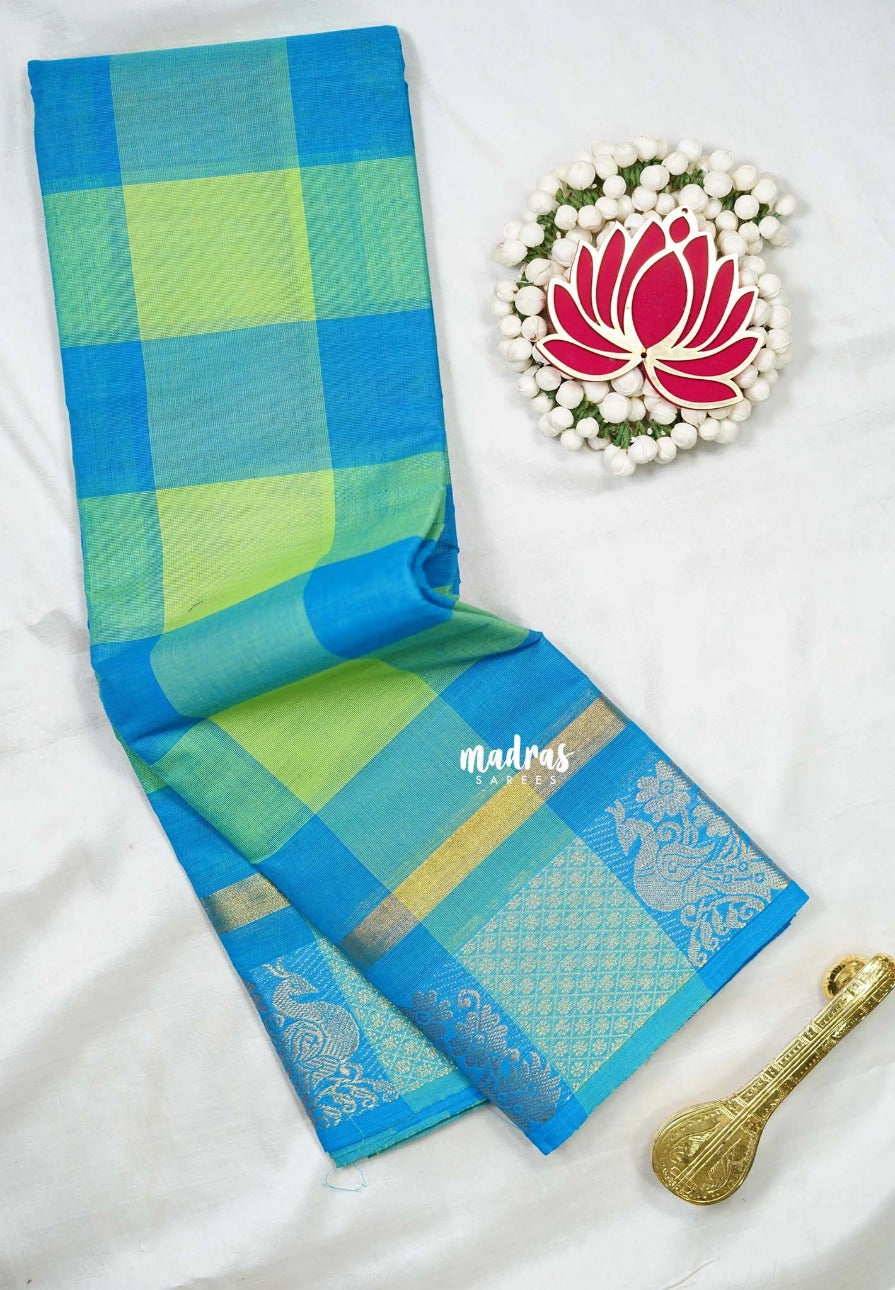 Blue with Light Green - Classic Kanchi Cotton Kandangi Checks Mayil Zari Border without Blouse - Best for Temple Visit