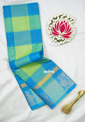 Blue with Light Green - Classic Kanchi Cotton Kandangi Checks Mayil Zari Border without Blouse - Best for Temple Visit