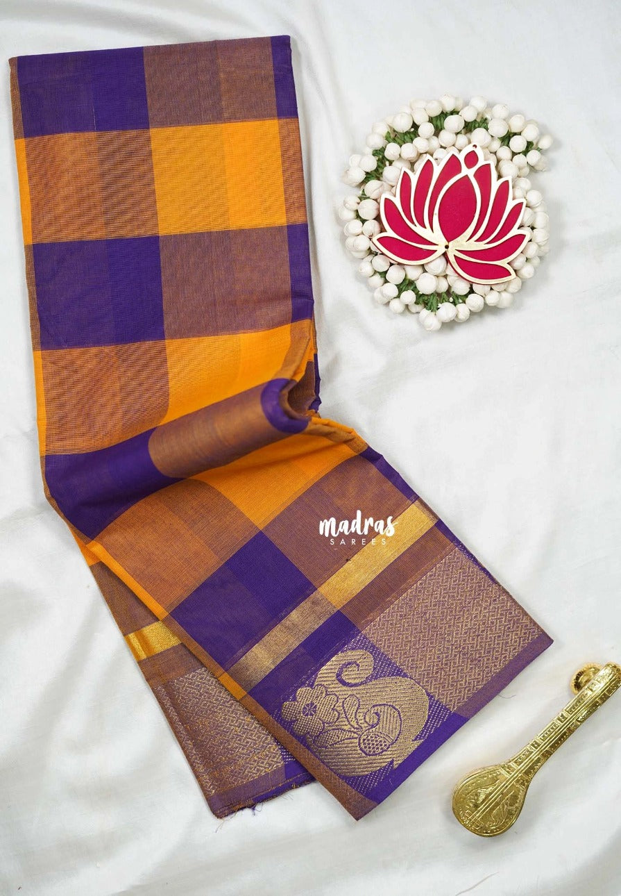 Purple with Orangish Yellow - Classic Kanchi Cotton Kandangi Checks Mango Zari Border without Blouse - Best for Temple Visit
