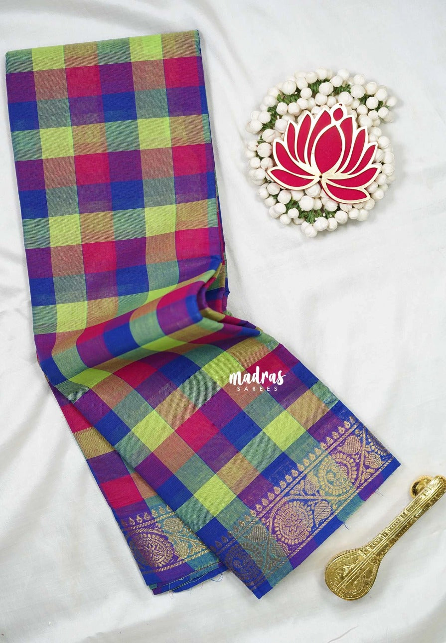 Blue,  Pink and Green - Classic Kanchi Cotton Paalum Pazhamum Madras checks with Mayil Border without Blouse - Best for Temple Visit