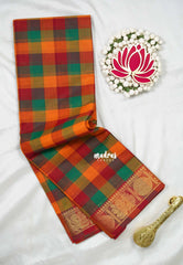 Yellowish Orange, Green and Red - Classic Kanchi Cotton Paalum Pazhamum Madras checks with Mayil Border without Blouse - Best for Temple Visit