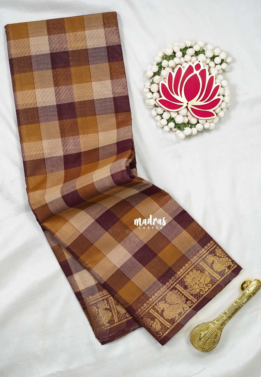 Brown, Sandbrown and Beige - Classic Kanchi Cotton Paalum Pazhamum Madras checks with Mayil Border without Blouse - Best for Temple Visit