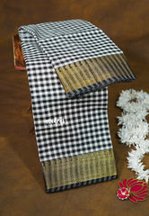 White with Black - Classic Kanchi cotton Muthukattam with Zari Border without Blouse - Best for Temple Visit