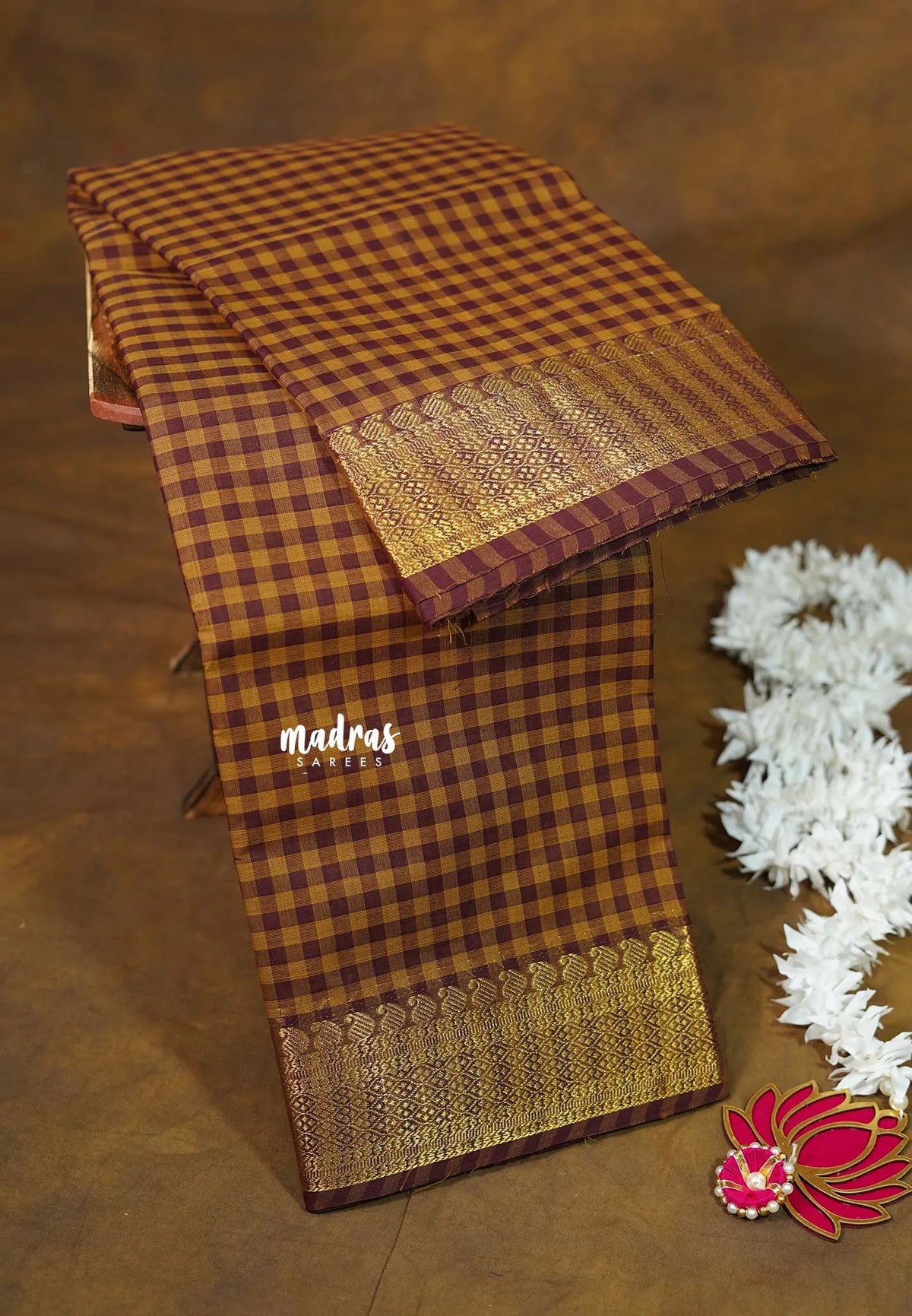 Sandal with Maroon - Classic Kanchi cotton Muthukattam with Zari Border without Blouse - Best for Temple Visit