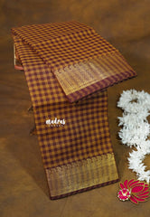 Sandal with Maroon - Classic Kanchi cotton Muthukattam with Zari Border without Blouse - Best for Temple Visit